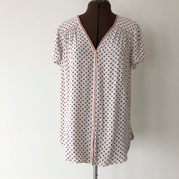 Ladybug Print V-neck Short Sleeve Button Front Top - Picture 1 of 12